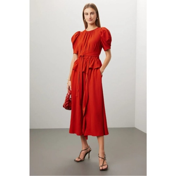 Ulla Johnson, Marion Puff-Sleeve Belted Peplum Midi Dress In Noir Red Size 6 - Picture 1 of 10